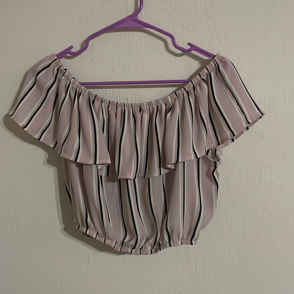 Pink, black, and white off the shoulder cropped blouse